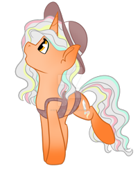 Size: 1280x1585 | Tagged: safe, artist:cadetredshirt, imported from derpibooru, oc, oc only, pony, unicorn, adoptable, bikini, bikini bottom, bikini top, clothes, colored, digital art, ear fluff, female, for sale, golden eyes, hat, horn, looking up, mare, multicolored hair, multicolored mane, multicolored tail, orange coat, png, raised hoof, raised leg, simple background, solo, sun hat, sunburn, swimsuit, tail, transparent background, unicorn horn, unicorn oc, watermark, wavy hair, wavy mane, wavy tail