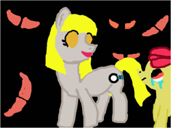 Size: 602x452 | Tagged: safe, imported from derpibooru, apple bloom, oc, oc:ruby, oc:ruby (story of the blanks), earth pony, ghost, ghost pony, pony, undead, zombie, zombie pony, story of the blanks, black background, crying, darkness, eyes in the dark, female, filly, foal, glowing, glowing eyes, looking at each other, looking at someone, mare, red eyes, sad, simple background, smiling