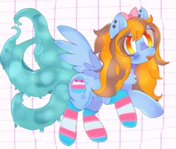 Size: 1024x867 | Tagged: safe, artist:bug-roux, imported from derpibooru, oc, oc only, pegasus, pony, bow, clothes, commission, ear piercing, earring, eye clipping through hair, female, hair bow, jewelry, mare, piercing, pride, pride flag, socks, solo, striped socks, tentacles, transgender pride flag, wings