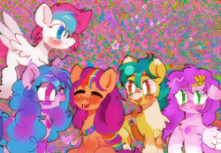 Size: 1280x887 | Tagged: safe, artist:bug-roux, imported from derpibooru, hitch trailblazer, izzy moonbow, pipp petals, sunny starscout, zipp storm, earth pony, pegasus, pony, unicorn, eye clipping through hair, eyes closed, female, g5, horn, looking at someone, male, mare, one eye closed, stallion, wings, wink