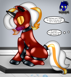 Size: 3840x4154 | Tagged: safe, artist:damlanil, imported from derpibooru, oc, oc:sunday cream, latex pony, original species, pony, unicorn, series:becoming drone, bdsm, bondage, boots, close-up, clothes, collar, comic, commission, damlanil's lab, encasement, female, flask, gas mask, horn, laboratory, latex, latex boots, living latex, mare, mask, mind control, restrained, rubber, rubber drone, rubber suit, shiny, shiny mane, shoes, show accurate, speech bubble, story, story included, tail, tail hole, text, transformation, vector