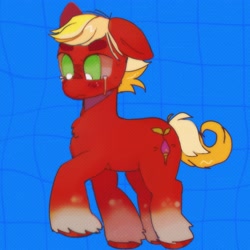 Size: 3151x3151 | Tagged: safe, artist:bug-roux, imported from derpibooru, sprout cloverleaf, earth pony, pony, blue background, crying, g5, male, raised hoof, simple background, solo, stallion, teary eyes