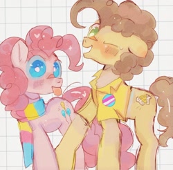 Size: 1024x1007 | Tagged: safe, artist:bug-roux, imported from derpibooru, cheese sandwich, pinkie pie, earth pony, pony, cheesepie, clothes, duo, female, gender headcanon, looking at you, male, mare, one eye closed, pansexual pride flag, pride, pride flag, scarf, shipping, simple background, stallion, straight, striped scarf, tongue out, transgender pride flag, white background, wink, winking at you