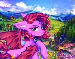 Size: 1965x1534 | Tagged: safe, artist:amaura_artess, imported from derpibooru, oc, oc only, oc:cheery bell, bat pony, butterfly, bat pony oc, chest fluff, commission, ear fluff, forest, mountain, mountain range, scenery, solo, ych result