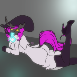 Size: 3000x3000 | Tagged: safe, artist:umbrapone, imported from derpibooru, oc, oc:blitzy, anthro, changeling, changeling oc, clothes, dress, gloves, glowing, glowing tongue, high heels, long tongue, shoes, solo, tongue out