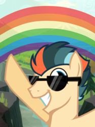 Size: 3072x4096 | Tagged: safe, imported from derpibooru, rainbow dash, oc, oc only, oc:turbo swifter, pegasus, pony, blurred, blurry background, glasses, looking at you, male, pegasus oc, pointing, pride month, rainbow, selfie, smiling, smirk, speed trail, stallion, sunglasses