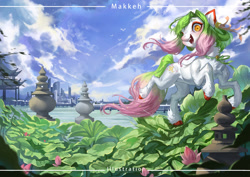 Size: 1280x906 | Tagged: safe, artist:makkah, imported from derpibooru, oc, oc only, earth pony, pony, city, cityscape, cloud, detailed background, flower, lotus (flower), scenery, solo