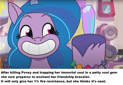 Size: 840x578 | Tagged: safe, imported from derpibooru, screencap, izzy moonbow, pony, unicorn, spoiler:g5, spoiler:my little pony: tell your tale, spoiler:tyts01e13, bracelet, dumpster diving, friendship bracelet, g5, implied murder, implied posey bloom, jewelry, meme, my little pony: tell your tale, ponestrip, posey bloom, posey can't catch a break, smiling, solo, the elder scrolls
