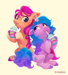 Size: 888x989 | Tagged: safe, artist:imalou, imported from derpibooru, izzy moonbow, sunny starscout, earth pony, pony, unicorn, beige background, cute, drink, duo, duo female, eyelashes, female, g5, izzybetes, mare, merchandise, official, simple background, smoothie, sunnybetes