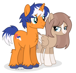 Size: 2508x2391 | Tagged: safe, artist:suramii, imported from derpibooru, oc, oc only, oc:lovebird, oc:sweet point, pegasus, pony, unicorn, beauty mark, blaze (coat marking), chest fluff, coat markings, colored wings, duo, duo male and female, facial markings, female, folded wings, high res, hooves, horn, leg fluff, lidded eyes, male, mare, pegasus oc, shadow, show accurate, signature, simple background, smiling, socks (coat markings), stallion, standing, tail, transparent background, two toned mane, two toned tail, two toned wings, unicorn oc, unshorn fetlocks, wings