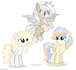 Size: 2539x2362 | Tagged: safe, artist:suramii, imported from derpibooru, oc, oc:amalia, oc:cuddy, oc:souvenir, bat pony, pegasus, pony, deviantart watermark, female, mare, obtrusive watermark, simple background, transparent background, watermark