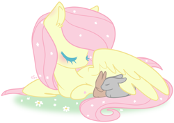 Size: 1981x1413 | Tagged: safe, artist:cutiesparke, imported from derpibooru, fluttershy, pegasus, pony, rabbit, animal, blushing, cute, eyes closed, female, flower, flower in hair, grass, hoof heart, lying down, mare, partially open wings, shyabetes, simple background, sleeping, solo, white background, wings