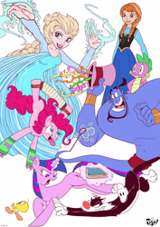 Size: 3508x4961 | Tagged: safe, artist:jowyb, imported from derpibooru, pinkie pie, spike, twilight sparkle, bird, cat, dragon, earth pony, genie, human, pony, unicorn, 2016, aladdin, anna (frozen), crossover, disney, elsa, female, frozen (movie), genie (aladdin), looney tunes, male, mare, old art, simple background, sylvester, tongue out, tweety bird, unicorn twilight, warner brothers, white background