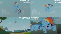 Size: 1280x720 | Tagged: safe, edit, edited screencap, editor:quoterific, imported from derpibooru, screencap, rainbow dash, pegasus, pony, season 2, the mysterious mare do well, eyes closed, female, flying, mare, open mouth, open smile, smiling, solo, spread wings, text, wings