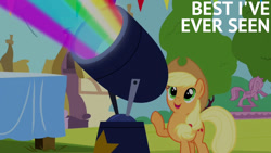 Size: 1280x720 | Tagged: safe, edit, edited screencap, editor:quoterific, imported from derpibooru, screencap, applejack, earth pony, pony, pinkie pride, season 4, applejack's hat, cowboy hat, female, hat, mare, open mouth, open smile, rainbow, smiling, solo, statue, text