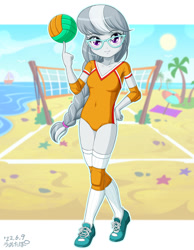 Size: 1000x1287 | Tagged: safe, artist:uotapo, imported from derpibooru, silver spoon, human, equestria girls, ball, beach, clothes, cute, female, gameloft interpretation, glasses, knee pads, leotard, sand, shoes, silverbetes, sneakers, socks, solo, sports, summer, sun, tree, volleyball, volleyball net