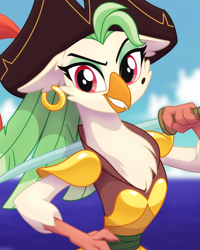 Size: 2048x2560 | Tagged: safe, artist:whitequartztheartist, imported from derpibooru, captain celaeno, anthro, ocean, ornithian, pirate, simple background, sword, water, weapon