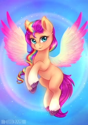 Size: 2480x3507 | Tagged: safe, artist:tokokami, imported from derpibooru, sunny starscout, alicorn, pony, colored wings, colored wingtips, flying, g5, gradient wings, looking at you, my little pony: a new generation, race swap, smiling, solo, spread wings, sunnycorn, wings