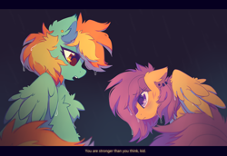 Size: 2400x1650 | Tagged: safe, artist:mirtash, imported from derpibooru, lightning dust, scootaloo, pegasus, pony, chest fluff, duo, duo female, ear fluff, ears back, female, filly, foal, frown, looking at each other, looking at someone, mare, open mouth, subtitles, sweat, sweatdrop, wing fluff, wings