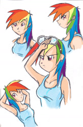 Size: 1148x1747 | Tagged: safe, artist:frankaraya, imported from derpibooru, rainbow dash, human, 2011, arm behind head, armpits, bare shoulders, clothes, female, humanized, multicolored hair, rainbow hair, sleeveless, tanktop