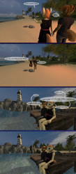 Size: 1440x3306 | Tagged: safe, artist:spud, imported from derpibooru, button mash, oc, oc:cream heart, anthro, earth pony, comic:family bonds, 3d, beach, clothes, comic, holding hands, lighthouse, ocean, palm tree, pointing, source filmmaker, speech bubble, tree, walking, water