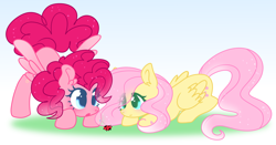 Size: 2644x1382 | Tagged: safe, artist:cutiesparke, imported from derpibooru, fluttershy, pinkie pie, insect, ladybug, pegasus, pony, :o, c:, curious, duo, female, folded wings, gradient background, hoof heart, mare, open mouth, pegasus pinkie pie, race swap, simple background, smiling, spread wings, wings
