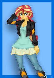 Size: 2615x3770 | Tagged: safe, artist:lennondash, imported from derpibooru, sunset shimmer, human, equestria girls, friendship games, arm behind head, blouse, boots, breasts, busty sunset shimmer, cleavage, clothes, jacket, leather, leather jacket, shoes, solo