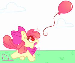 Size: 1130x953 | Tagged: safe, artist:cutiesparke, imported from derpibooru, apple bloom, earth pony, pony, adorable distress, balloon, belly fluff, chase, cloud, cute, ear fluff, female, grass, looking up, open mouth, running, simple background, solo, sweat, sweatdrop