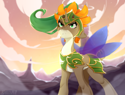 Size: 2770x2108 | Tagged: safe, artist:kisselmr, imported from derpibooru, oc, oc only, dryad, pony, armor, fairy wings, female, helmet, solo, wings