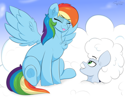 Size: 3200x2500 | Tagged: safe, artist:astrum, imported from derpibooru, rainbow dash, soarin', pegasus, pony, fanfic:head in the clouds, :p, chest fluff, cloud, cute, dashabetes, digital art, duo, duo male and female, ear fluff, eyebrows, eyebrows visible through hair, eyes closed, fanfic art, female, frog (hoof), grin, high res, lidded eyes, looking at someone, looking up, male, mare, on a cloud, playful, raised eyebrow, shipping, signature, silly, sitting, sitting on a cloud, sky, smiling, soarindash, spread wings, stallion, straight, tongue out, underhoof, wholesome, wings