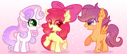 Size: 1400x600 | Tagged: safe, artist:cutiesparke, imported from derpibooru, apple bloom, scootaloo, sweetie belle, earth pony, pegasus, unicorn, alternate design, alternate hairstyle, arm fluff, bandage, bandaid, base used, blank flank, chest fluff, curly hair, cutie mark crusaders, ear fluff, female, filly, foal, gradient background, grin, lightly watermarked, looking at each other, looking at someone, pink background, raised hoof, show accurate, simple background, smiling, sparkles, trio, watermark