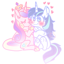 Size: 640x640 | Tagged: safe, artist:cutiesparke, imported from derpibooru, princess cadance, shining armor, alicorn, unicorn, blushing, crossed arms, crown, cute, duo, female, flustered, gleaming cadance, gleaming shield, half r63 shipping, heart, hoof shoes, jewelry, lesbian, lightly watermarked, nuzzling, regalia, rule 63, shiningcadance, shipping, simple background, sitting, watermark, white background