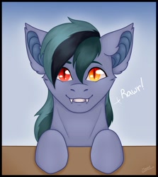 Size: 1827x2048 | Tagged: safe, artist:mustarddreams, imported from derpibooru, oc, oc only, oc:scrimmy, bat pony, pony, bat pony oc, cute, dialogue, fangs, heterochromia, looking at you, male, simple background, smiling, smiling at you, solo, stallion, table, text