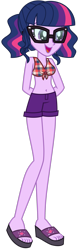 Size: 1024x3268 | Tagged: safe, artist:emeraldblast63, imported from derpibooru, sci-twi, twilight sparkle, human, equestria girls, alternate hairstyle, belly button, breasts, cleavage, clothes, feet, female, glasses, open mouth, sandals, sexy, simple background, sleeveless, solo, transparent background