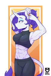 Size: 616x913 | Tagged: safe, artist:redxbacon, imported from derpibooru, rarity, anthro, unicorn, abs, armpits, belly button, biceps, big breasts, breasts, busty rarity, clothes, eyeshadow, female, flexing, halter top, leonine tail, long tail, makeup, midriff, muscles, muscular female, pants, ponytail, reasonably sized breasts, ripped rarity, solo, sports bra, stupid sexy rarity, tail, toned, workout outfit, yoga pants