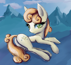 Size: 789x723 | Tagged: safe, artist:anonymous, junebug, earth pony, looking at you, lying down, solo