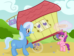 Size: 6174x4727 | Tagged: safe, artist:xppp1n, imported from ponybooru, lily longsocks, trixie, female, filly, foal, levitation, magic, mare, telekinesis, trixie's wagon