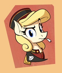 Size: 851x1000 | Tagged: safe, artist:anontheanon, imported from ponybooru, oc, oc only, oc:belle hop, earth pony, pony, abstract background, bust, cigarette, female, hat, looking at you, mare, portrait, raised eyebrow, smoking, solo