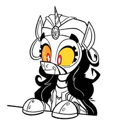 Size: 779x843 | Tagged: safe, artist:anontheanon, imported from ponybooru, oc, oc only, oc:madame fortuna, pony, robot, robot pony, unicorn, ear piercing, earring, female, fortune teller, glowing eyes, jewelry, mare, mechanical, monochrome, neo noir, partial color, piercing, simple background, smiling, solo, turban, white background