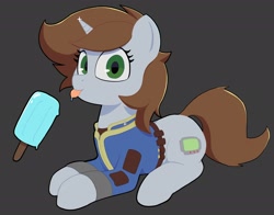 Size: 2694x2115 | Tagged: safe, artist:ponconcarnal, oc, oc only, oc:littlepip, pony, unicorn, fallout equestria, clothes, female, food, gray background, ice cream, looking at you, mare, simple background, sitting, smiling, tongue out