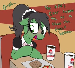 Size: 2200x2000 | Tagged: safe, artist:datte-before-dawn, oc, oc only, oc:anon-mare, earth pony, pony, blushing, clothes, dialogue, earth pony oc, eye clipping through hair, female, food, maid, mare, nervous, open mouth, sandwich, soda, solo, sweat, wendy's