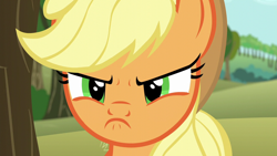 Size: 1280x720 | Tagged: safe, imported from derpibooru, screencap, applejack, earth pony, pony, no second prances, season 6, angry, applejack is best facemaker, applejack is not amused, close-up, cute, female, frown, implied starlight glimmer, jackabetes, madorable, mare, narrowed eyes, now you fucked up, reaction image, scowl, solo, this will not end well, unamused