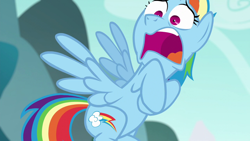 Size: 1280x720 | Tagged: safe, imported from derpibooru, screencap, rainbow dash, pegasus, pony, no second prances, season 6, faic, female, flying, implied starlight glimmer, mare, open mouth, rainbow dash is best facemaker, reaction image, shocked, shrunken pupils, solo, spread wings, wings