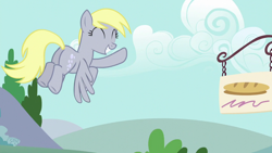 Size: 1280x720 | Tagged: safe, imported from derpibooru, screencap, derpy hooves, pegasus, pony, no second prances, season 6, butt, cute, derpabetes, female, flying, hello, implied twilight sparkle, mare, plot, solo, waving, waving at you