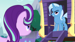 Size: 1280x720 | Tagged: safe, imported from derpibooru, screencap, starlight glimmer, trixie, pony, unicorn, no second prances, season 6, duo, duo female, duo unicorn, female, mare, narrowed eyes, oh no she didn't, reference, trixie's wagon, wagon