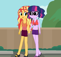 Size: 900x827 | Tagged: safe, artist:thomaszoey3000, imported from derpibooru, sci-twi, sunset shimmer, twilight sparkle, human, equestria girls, belly button, bikini, bikini top, clothes, female, holding hands, lesbian, sandals, scitwishimmer, shipping, shorts, sunsetsparkle, swimsuit