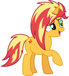 Size: 1024x1140 | Tagged: safe, artist:emeraldblast63, imported from derpibooru, sunset shimmer, pony, unicorn, alternate hairstyle, alternate tailstyle, female, mare, open mouth, raised hoof, simple background, solo, tail, transparent background