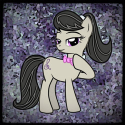 Size: 1024x1024 | Tagged: safe, artist:jennieoo, artist:serinasnake, imported from derpibooru, octavia melody, earth pony, pony, abstract background, alternate hairstyle, bowtie, female, full body, looking at you, mare, ponytail, raised hoof, scrunchie, smiling, smiling at you, solo, standing, tail, wallpaper