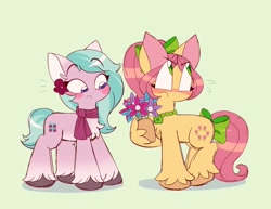 Size: 1800x1387 | Tagged: safe, artist:sidruni, imported from derpibooru, earth pony, pony, spoiler:g5, spoiler:my little pony: tell your tale, spoiler:tyts01e16, apology gift, blushing, bow, clothes, dahlia, duo, duo female, female, flower, flower in hair, g5, hair bow, jewelry, lesbian, mare, my little pony: tell your tale, necklace, neighfever, posey bloom, poseydahlia, scarf, shipping, simple background, tail, tail bow, unshorn fetlocks