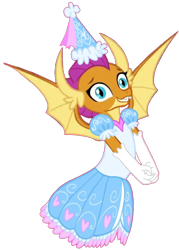 Size: 720x1003 | Tagged: safe, artist:darlycatmake, imported from derpibooru, smolder, dragon, clothes, dragon wings, dragoness, dress, female, froufrou glittery lacy outfit, gloves, happy, hat, hennin, long gloves, looking at you, princess, princess smolder, simple background, smiling, smiling at you, transparent background, wings